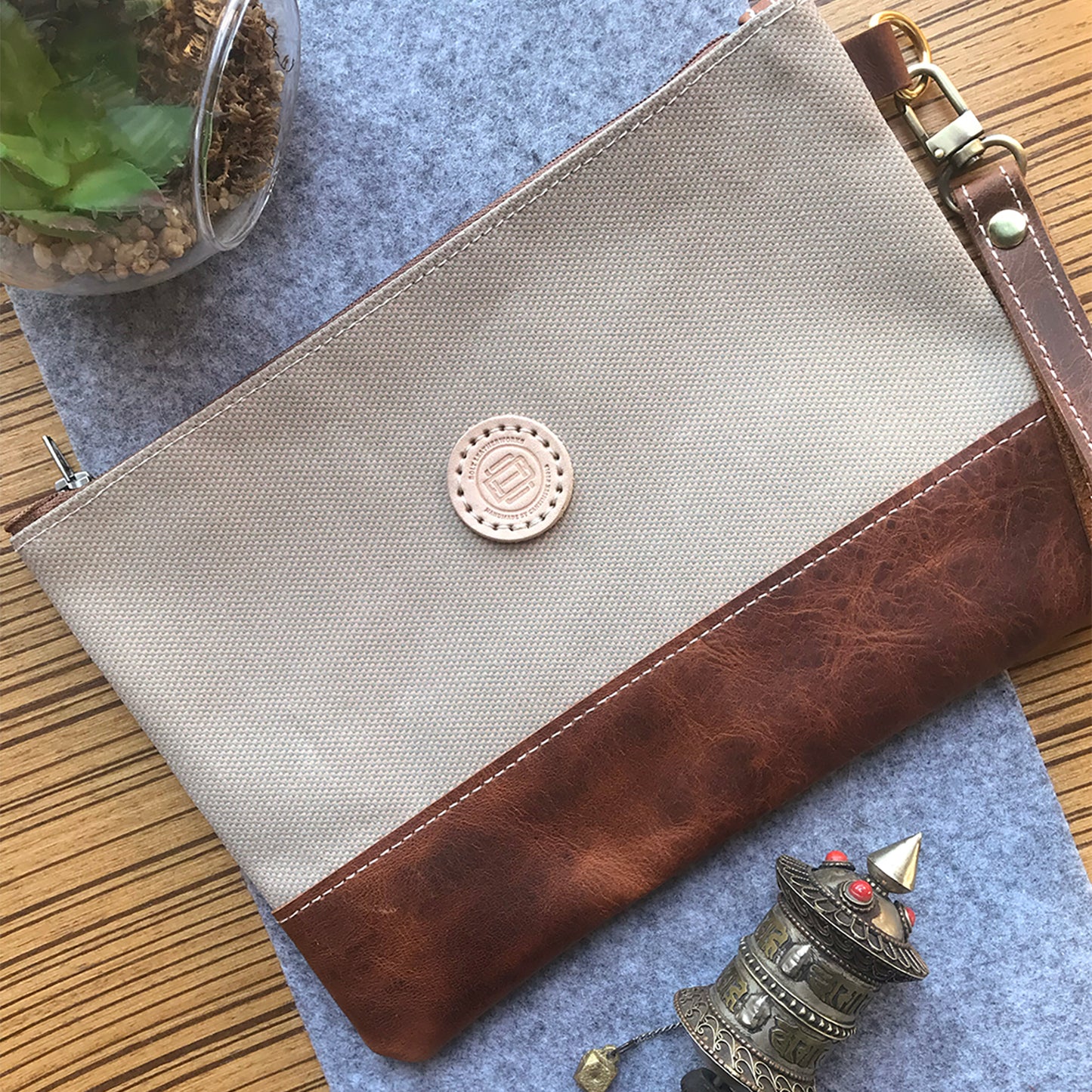 Leather Canvas Clutch Handbag